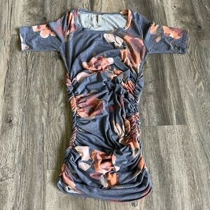 Motherbee Maternity Blue Floral Dress with Side Ruching, size small